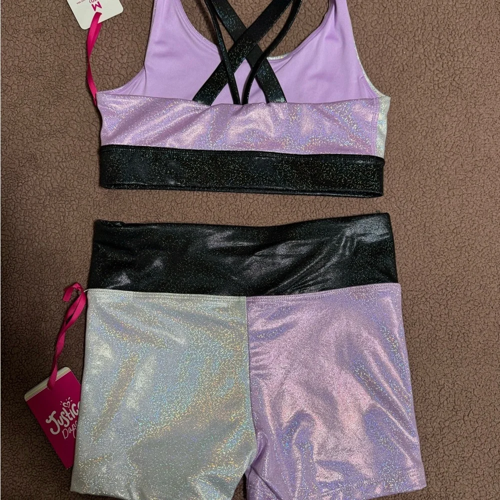 Justice Girls Shimmer Dance Set in Lavender and Silver‎ with Black Trim